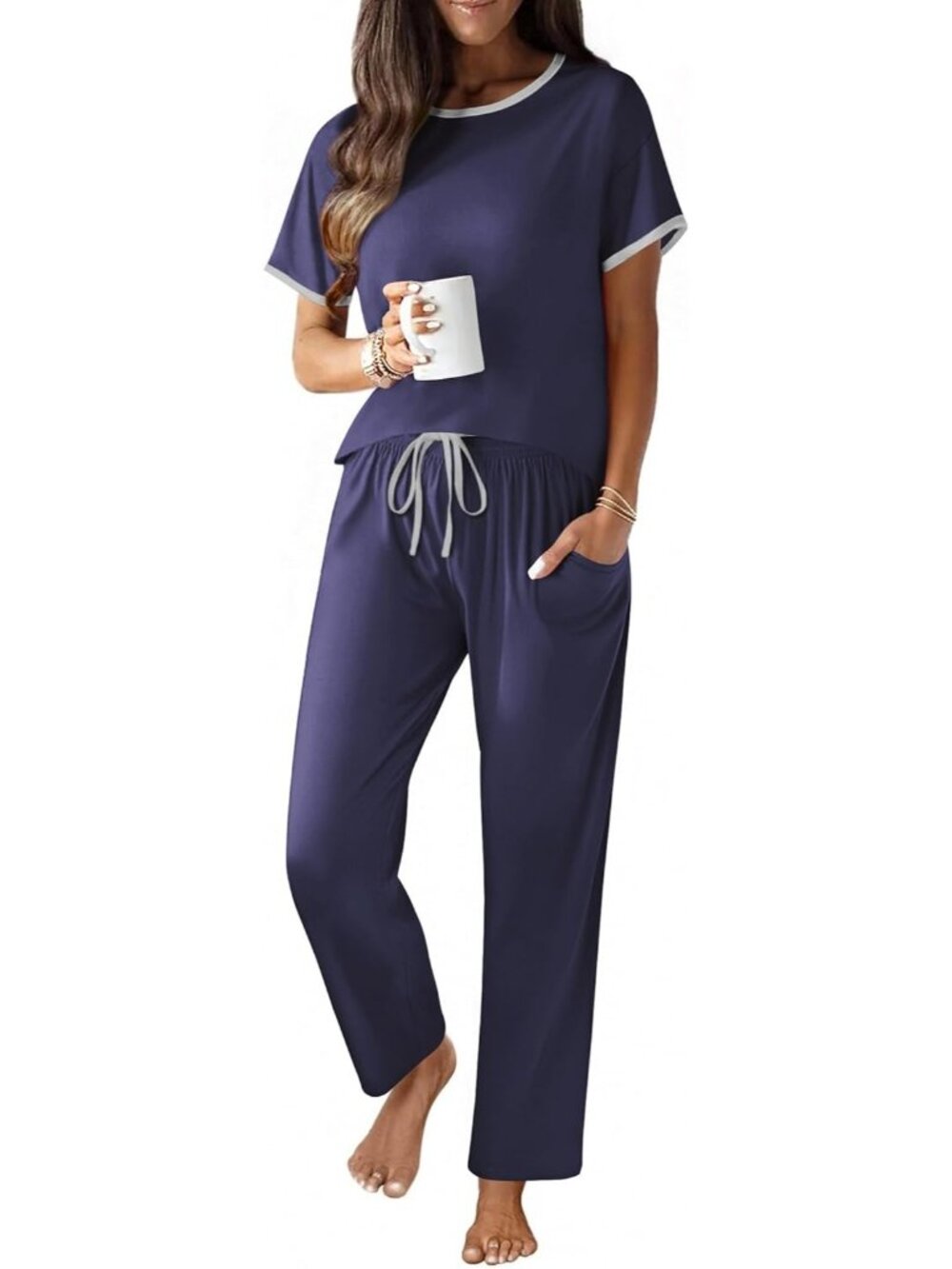 Women Navy Blue Cotton Short Sleeve Shirt Soft Lounge 2 Piece Pajamas Sets
